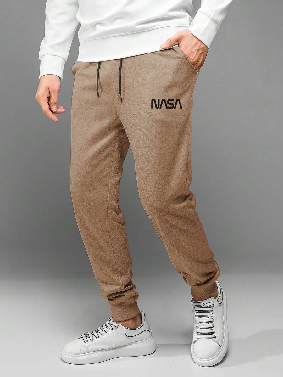 RueChic Men Letter Graphic Drawstring Waist Sweatpants - Camel - View 1