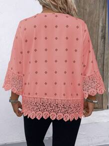 Plus Size Round Neck Mid-Length Sleeve Floral Lace Contrast Casual Blouse - Dusty Pink - View 2