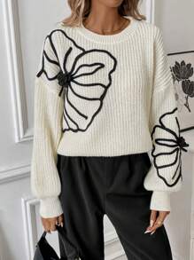 Chiquease 休闲百搭印花针织圆领毛衣，秋冬季 - 杏色 - 查看 6