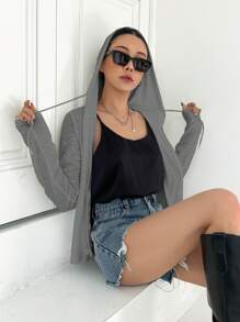 DAZY 春夏休闲纯色抽绳连帽短款卫衣 - 灰色 - 查看 1