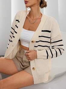 Aveloria EMERY ROSE Áo len cardigan cổ chữ V sọc ngang ngẫu nhiên kiểu Pháp - trắng - Xem 6
