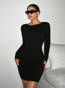 SHEIN ICON Women's Spring-Summer Long Sleeve Bodycon Dress With Chinese Dragon Net Mesh Panel - Black - View 2