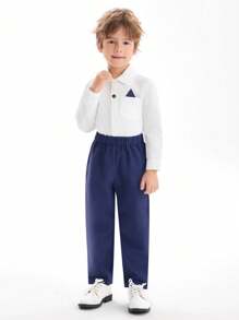 SHEIN 2 件套年轻男孩绅士装 - 白色编织领长袖衬衫和裤子，适合生日、派对、婚礼、节日和秋冬季正式场合 - 白色 - 查看 5