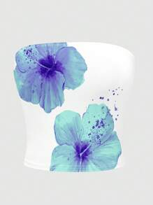 INAWLY Y2K Hibiscus Flowers Graphic Tube Top - White - View 3