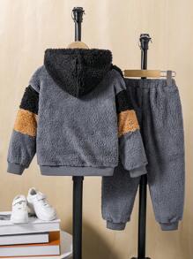 2pcs Set Young Boys Plush Hooded Sweatshirts And Jogger Pants,Multi-Color Comfortable Breathable Autumn,Career Day,Back-To-School,Outdoor,School Wear - Multicolor - View 2