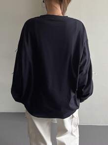 DAZY Long Sleeve T-Shirt With Crew Neck, Lace Panel, White Trim And Bow Accent,Fall Women Clothes