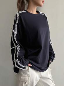 DAZY Long Sleeve T-Shirt With Crew Neck, Lace Panel, White Trim And Bow Accent,Fall Women Clothes