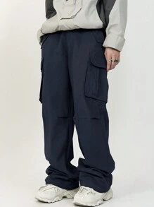 Manfinity Hypemode Men's Casual Cargo Pants With Flap Pockets And Drawstring Waist - Navy Blue - View 4