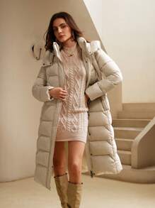 Anewsta 长款加厚连帽束腰棉服外套 - 米色 - 查看 6