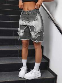 SHEIN PETITE 女款帶口袋劍邊休閒牛仔短褲 - 淺灰色 - 查看 4