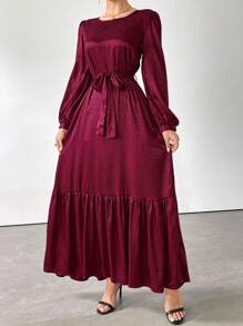 Al Najma Burgundy Red Women's Elegant Arabian Dress With Crew Neck, Lantern Sleeves And Ruffle Hem Modest Long Sleeve Elegant Style For Casual Daily/Work/Holiday/Evening Parties/Wedding Guest Arabian Dress - Burgundy - View 6