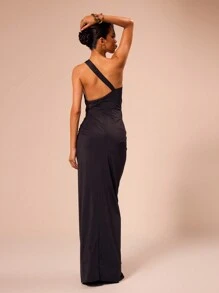 MUSERA 不对称领口扭结长款假日派对礼服，优雅春夏度假舞会婚礼宾客优雅夏季长裙，复活节 - 黑色 - 查看 2