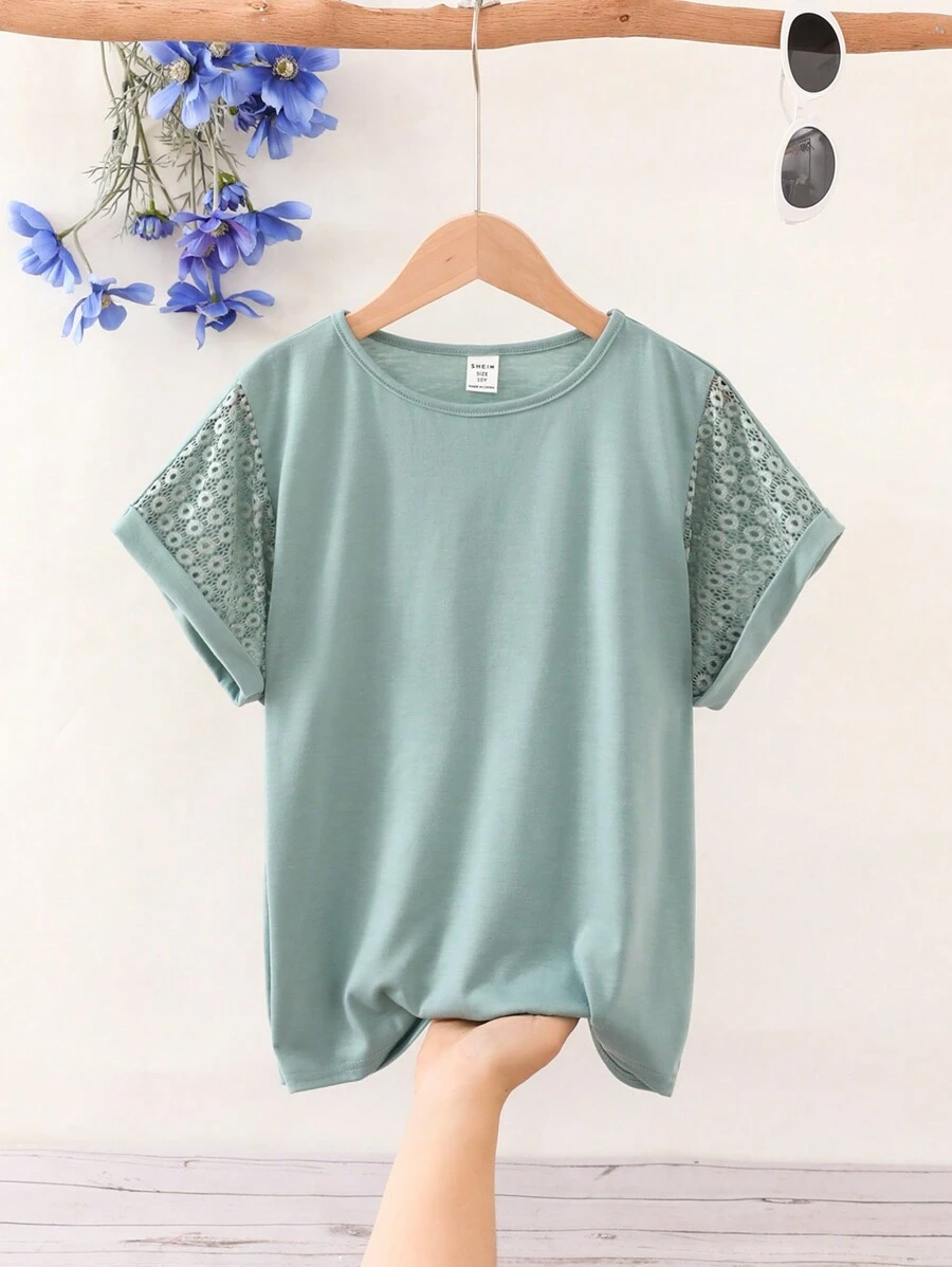 SHEIN Tween Girl  Plain Round Neck Loose Casual Vacation Short Sleeve T-Shirt - Cadet Blue - View 1