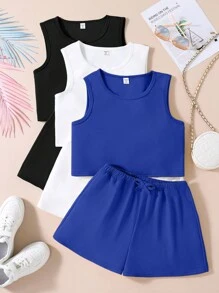 2pcs Casual Tank Top And Shorts Set For Teenage Girls - Multicolor - View 1