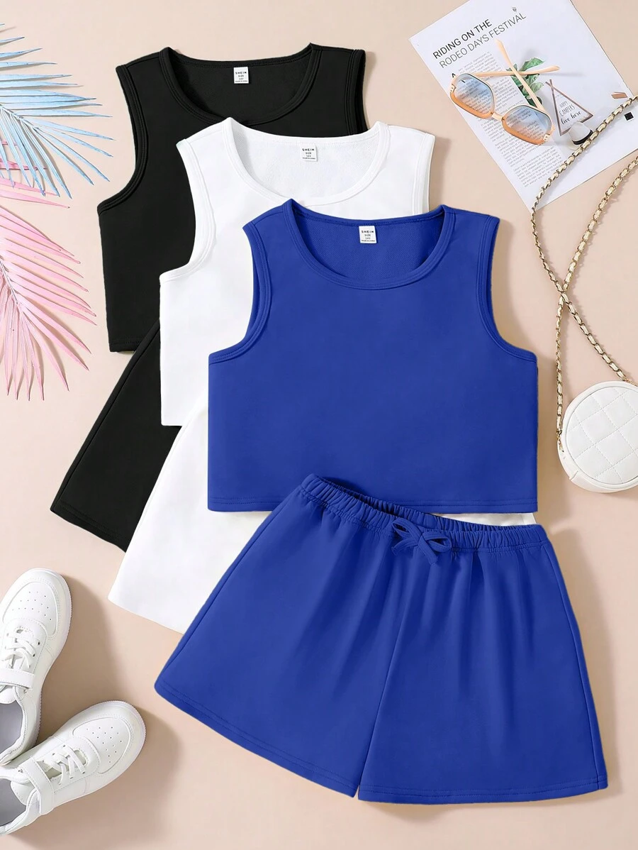 2pcs Casual Tank Top And Shorts Set For Teenage Girls - Multicolor - View 1