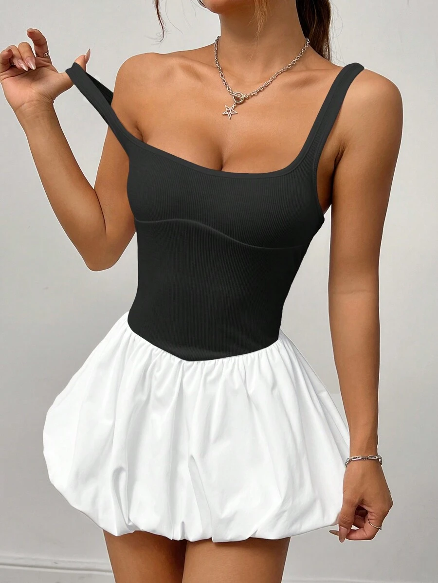 SHEIN PETITE Sleeveless Tight-Fitting Lantern Hem Dress - Black and White - View 1