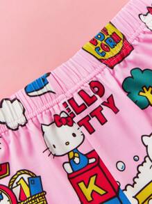 HELLO KITTY AND FRIENDS | SHEIN 少女卡通印花翻领短袖衬衫和长裤舒适睡衣套装 - 粉色 - 查看 12