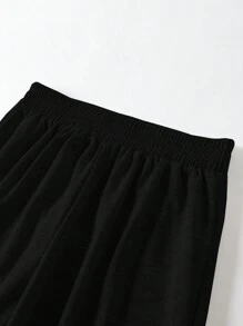 SHEIN 女士侧条纹松紧腰阔腿休闲运动裤 - 黑色 - 查看 4