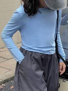 DAZY 1 件女童纯色休闲百搭 T 恤 - 藍色 - 查看 3