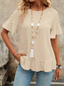 EMERY ROSE Camisa casual holgada para mujer de verano con cuello redondo, dobladillo con volantes y unicolor - Albaricoque - Ver 1
