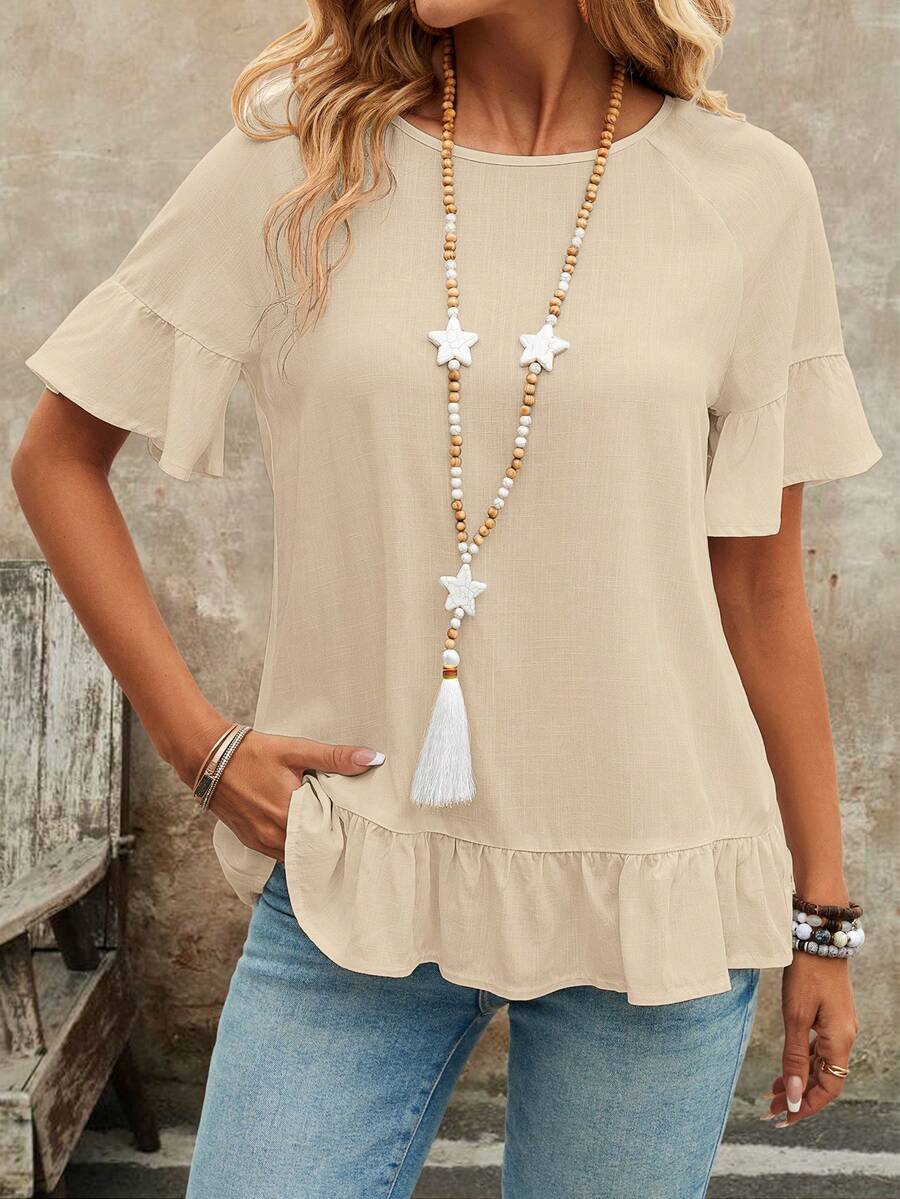 EMERY ROSE Camisa casual holgada para mujer de verano con cuello redondo, dobladillo con volantes y unicolor - Albaricoque - Ver 1