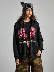 SUPERMAN X ROMWE Women Letter And Logo Print Zip-Up Drawstring Hooded Loose Long Sweatshirt, Spring & Autumn - Black - View 1