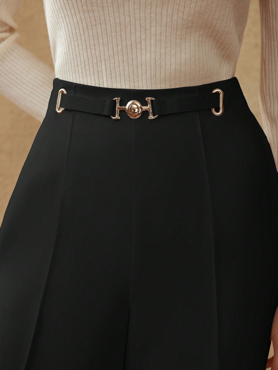 GOLD BUCKLE WAIST SLANT POCKET SEAM FRONT WIDE LEG SUIT PANTS