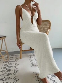 SHEIN Swim 深 V 领细肩带露背优雅度假罩衫连衣裙，音乐节夏季 - 白色 - 查看 6