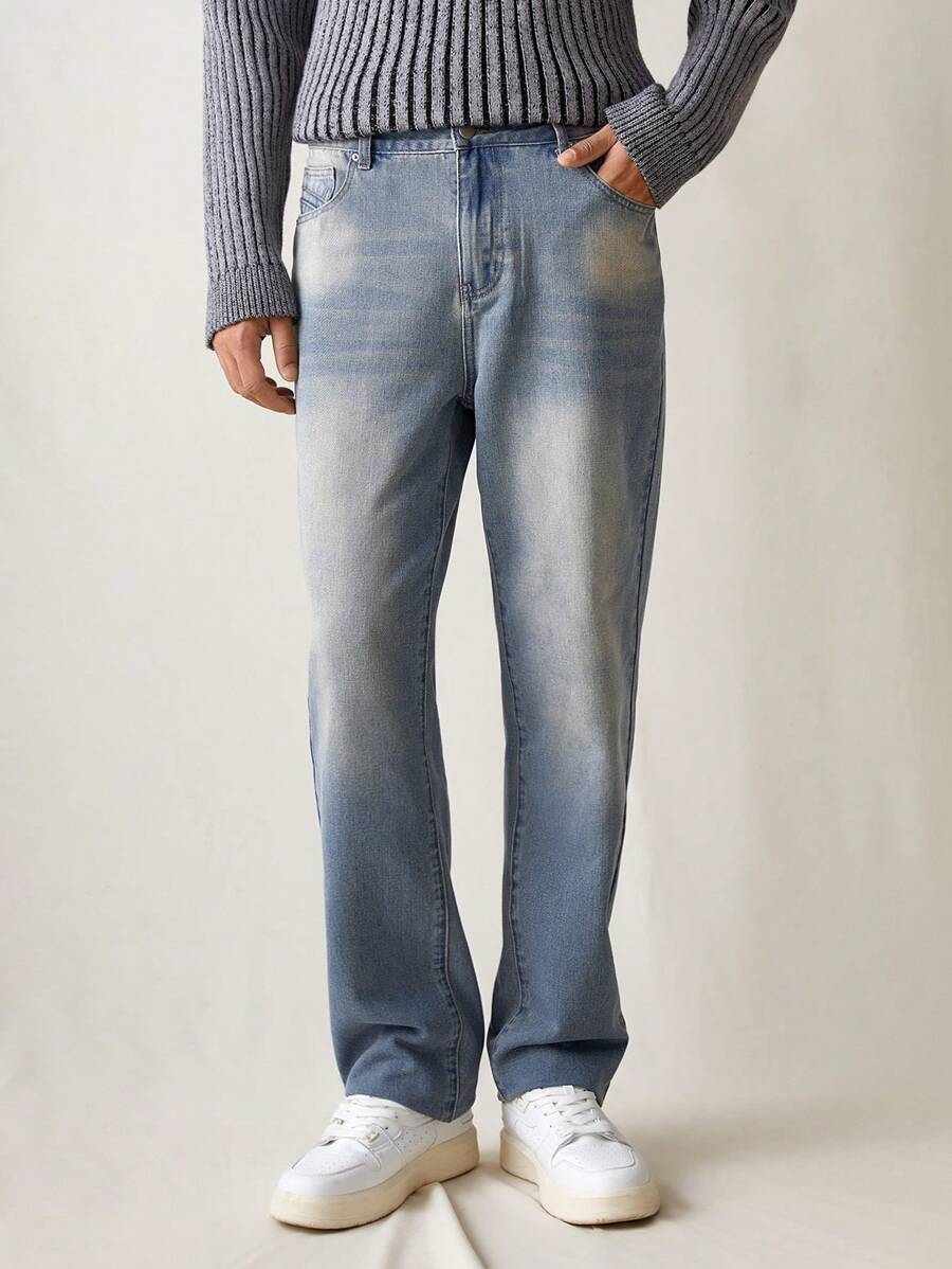 Manfinity Hypemode Vintage Y2K Washed Blue Distressed Men Straight Leg Jeans With Faded Effect - Light Wash - View 1