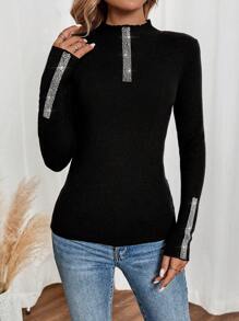 EMERY ROSE Women's Spring And Autumn Diamond Decorated Stand Collar Long Sleeve Slim Fit Sweater