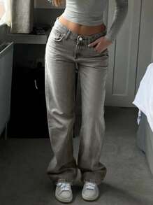 MYOURSA Women's Low-Rise Straight Leg Washed Jeans, Loose Fit, Casual Commute Daily Wear, Light Gray - Light Grey - View 1