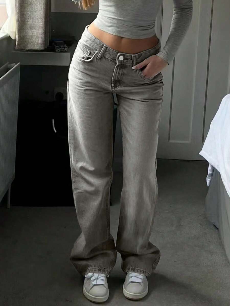MYOURSA Women's Low-Rise Straight Leg Washed Jeans, Loose Fit, Casual Commute Daily Wear, Light Gray - Light Grey - View 1