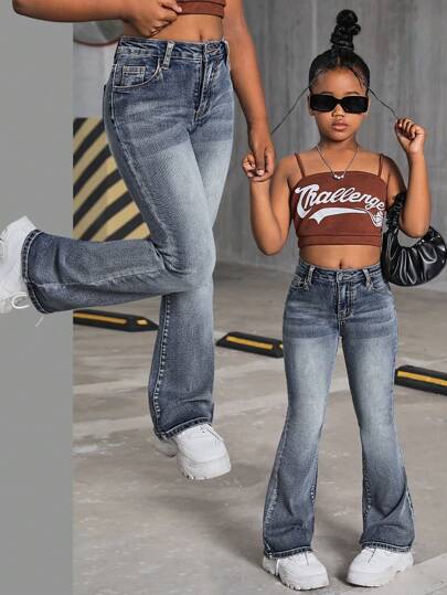 SHEIN Tween Girls Y2K Trendiga retrotvättade hög midja Cat Whisker Washed Flare Leg Jeans,Tween Girl Höstkläder Back To School Streetwear Outfits