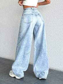 EURMUSE 100% Cotton Front Button, Multi-Pocket, Light Blue Low Waist Wide Leg Pants For Casual Daily Wear - Baby Blue - View 2