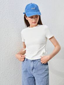 SHEIN Leap Crew 3入組少女短袖針織純色t恤,褶皺蝴蝶結細節 - 彩色 - 查看 11
