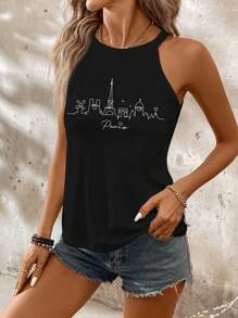 SHEIN LUNE Áo yếm cổ tròn in chữ thành phố Paris thường ngày cho nữ, thích hợp cho mùa hè - màu đen - Xem 3