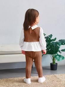 SHEIN 2pcs Baby Girls Casual Cute Knitted 2 In 1 Spliced Collar Long Sleeve Top & Elastic Waist Pants Set