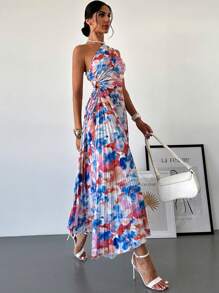 Firerie 夏季女士优雅度假海滩花卉印花单肩褶皱镂空抽绳中长连衣裙