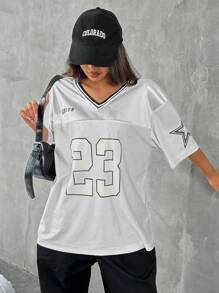 SHEIN EZwear 女士针织网眼宽松图案印花 T 恤 - 銀色 - 查看 7