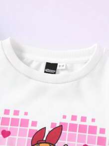 THE POWERPUFF GIRLS X SHEIN Sudadera oversized con estampado a cuadros blanco y rosa degradado y gráfico de dibujos animados para niña preadolescente - Blanco - Ver 10