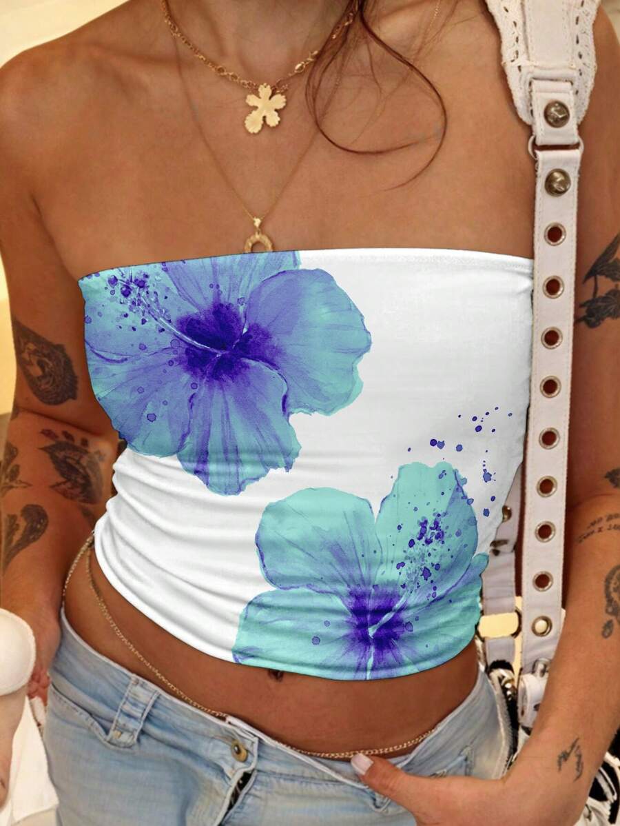 INAWLY Y2K Hibiscus Flowers Graphic Tube Top - White - View 1