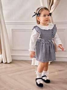 SHEIN Conjunto de vestido con dobladillo de volantes a cuadros y top de manga larga sólido casual de primavera/otoño para niña bebé - Blanco y Negro - Ver 5