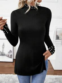SHEIN LUNE Damen Herbst/Winter schmal geschnittenes Langarm Rollkragen T-Shirt mit Perlen Verzierung - Schwarz - Übersicht 3