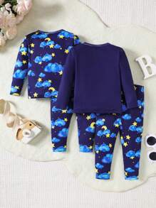 SHEIN 4 件套男婴舒适星月大象图案针织长袖衬衫和长裤睡衣套装 - 藍色 - 查看 2