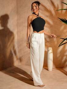 SHEIN Unity Gold Hardware Detail Asymmetrical Hem Halter Crop Top - Black - View 5