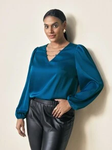 BizChic Plus Size Women Elegant Solid Woven Patchwork Chain Print Lantern Sleeve Blouse, Spring And Summer - Blue - View 3