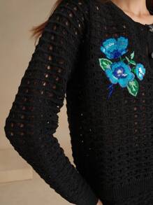 Anewsta Spring & Autumn Handmade Floral Embroidered Hollow Out Knitted Cardigan - Black - View 6