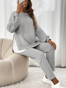 SHEIN 2 Pcs Maternity Casual Contrast Color Patchwork Long Sleeve Sweatshirt, And Pants Set - Light Grey - View 4