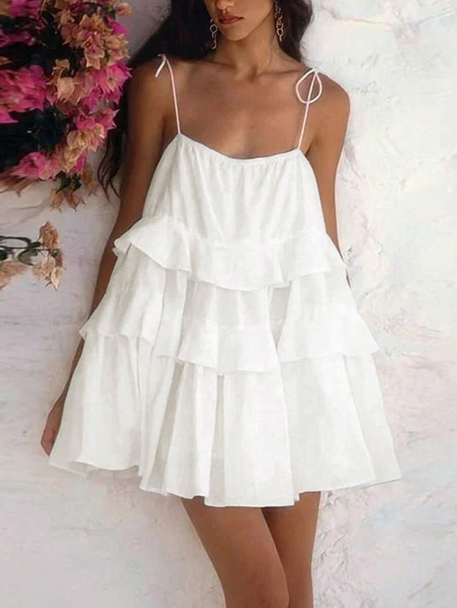 SHEIN VCAY 女式纯色荷叶边下摆宽松连衣裙 - 白色 - 查看 1