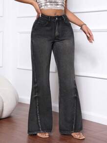 SHEIN SXY 女式口袋休闲时尚百搭喇叭牛仔裤